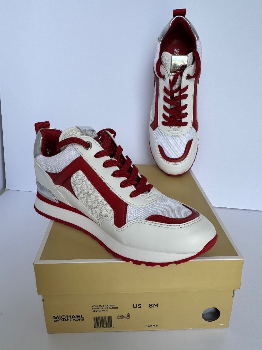 Michael Kors Wilma Trainer Sneakers Size 8 Red White Silver NEW